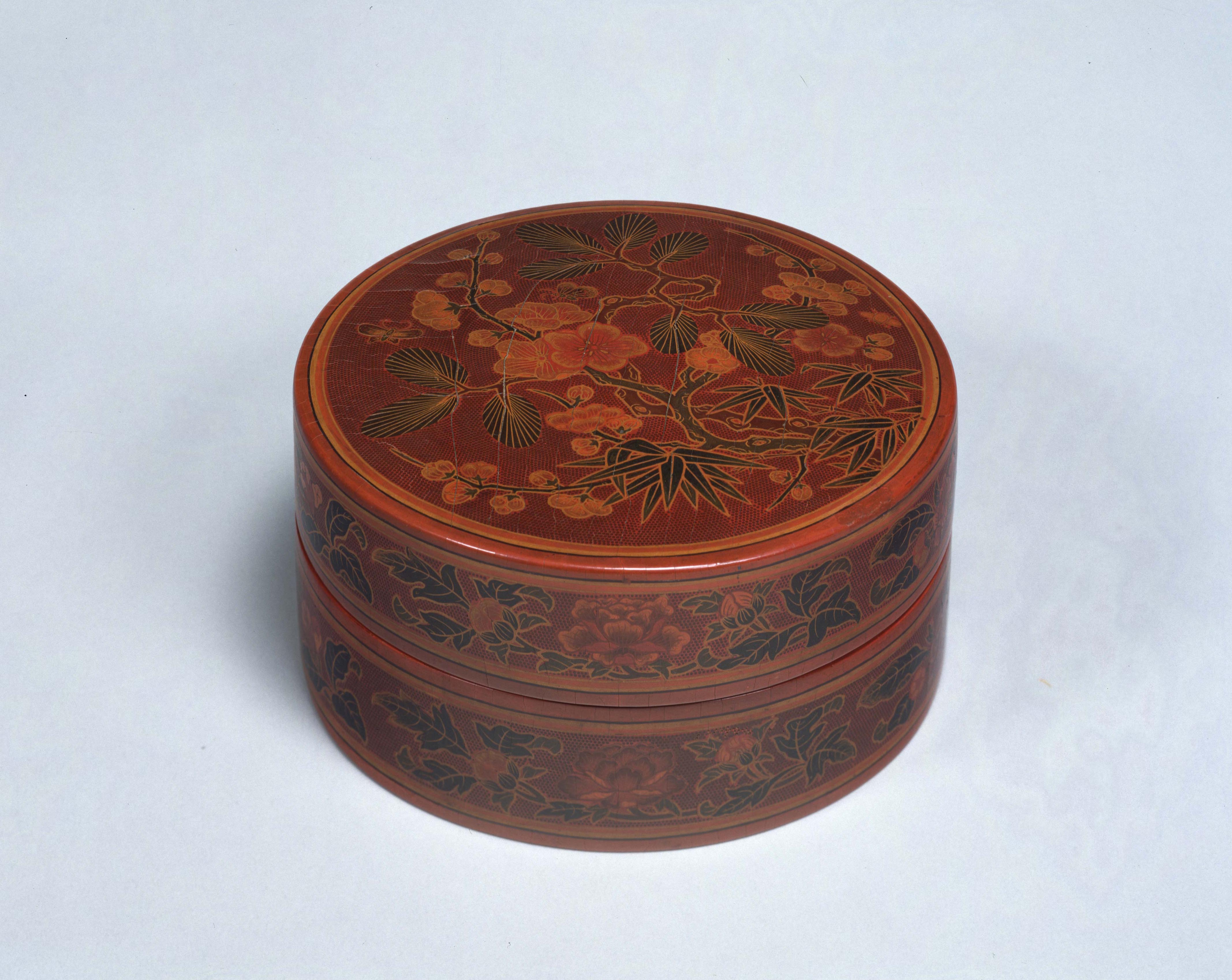 川本半介 染付柘榴紋 堆朱蓋菓子鉢 蓋物 時代箱附（J353）